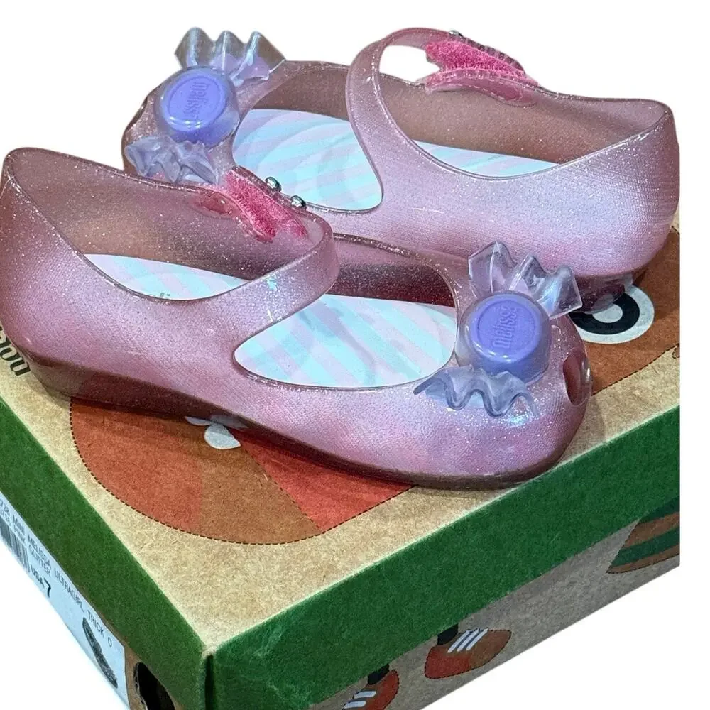 Mini Melissa Ultragirl Trick Pink Glitter Mary Jane Shoes Sz 7C Like New in Box